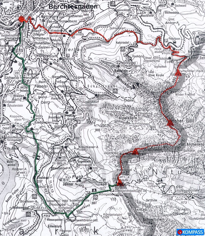 Wanderung Hoher Göll: Kartenausschnitt KOMPASS Wanderkarte Nr. 14 - Berchtesgadener Land Chiemgauer Alpen, M:1:50000