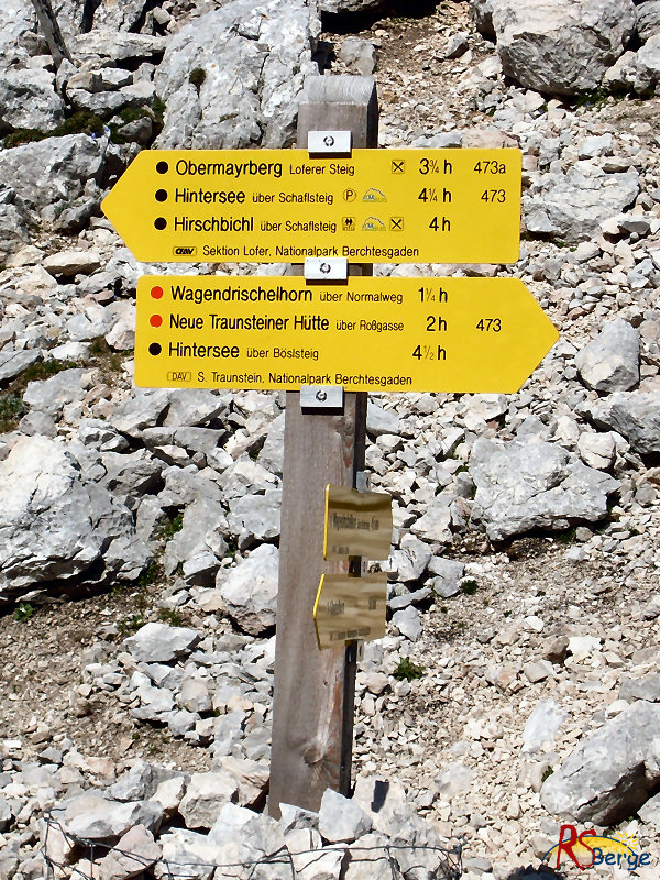 Wanderung Reiter Alpe Reiter Alm im Berchtesgadener Land: Wegweiser an der Mayrbergscharte