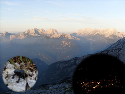 Wanderung Loferer Steinberge: Abendstimmung mit Blick zu Reiter Alpe und Hochkalter, ein kleiner Alpensalamander am Wegesrand und nächtlicher Tiefblick auf Lofer