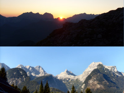 Wanderung Loferer Steinberge: Morgenstimmung an der Hütte und letzter Rückblick vom Tal zu den Loferer Steinbergen